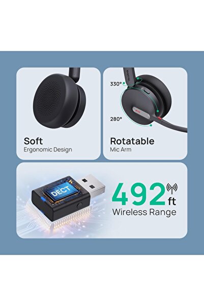 Yealink WH64 Hybrid Dual Wireless Headset with DECT Dongle, 492ft Range, Teams Zoom, Skype, UC, Bluetooth On