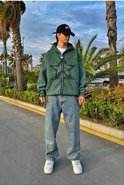 serline Premium Acid Wash Star Nakış Oversize Zip