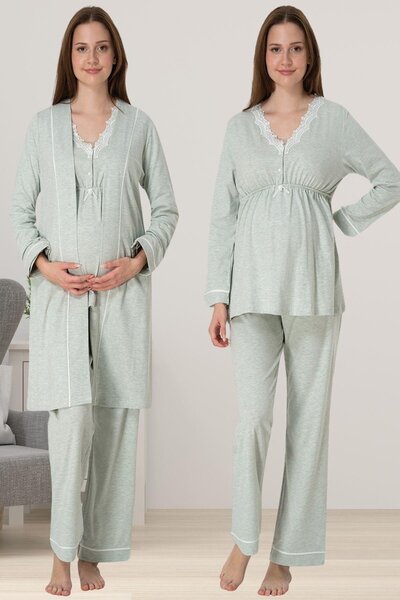 Lohusa Homewear Дамски зелен дантелен специален дизайн памучен джърси комплек...