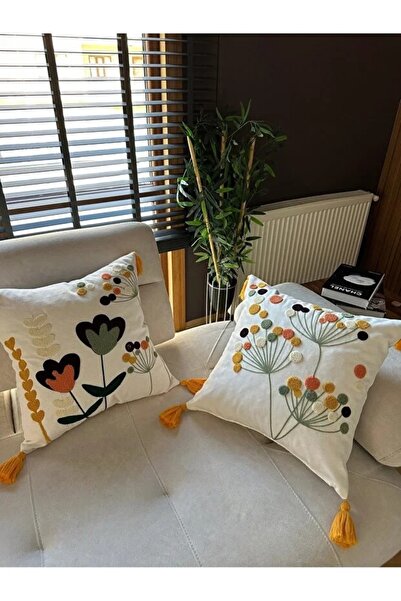 e-Bizz Store E-Bizz Home Cream Fabric Punch Embroidered 2 Pcs Throw Pillow Cover