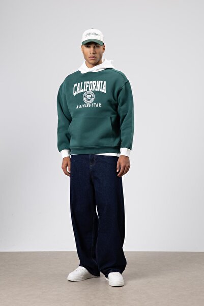 VAMOSCLO Çift Renk Baskılı Oversize Sweatshirt Nefti