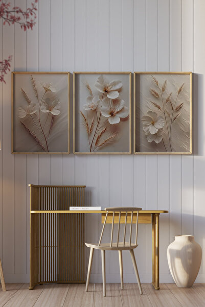 kutuTR 🖼️ 3'lü Çerçeveli Krem Çiçek ve Başak Desenli Tablo Seti – UV Baskılı MDF CRV1039