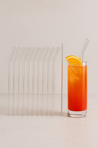 MİS KİTCHEN 10-Piece Glass Straw Set + Cleaning Brush – Oblique Mouth Transparent Borosilicate