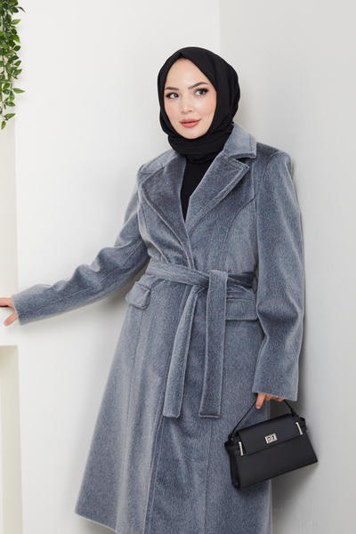 Pamuk Butik Γυναικείο παλτό με φτερά από αλεπού με επένδυση και ζώνη