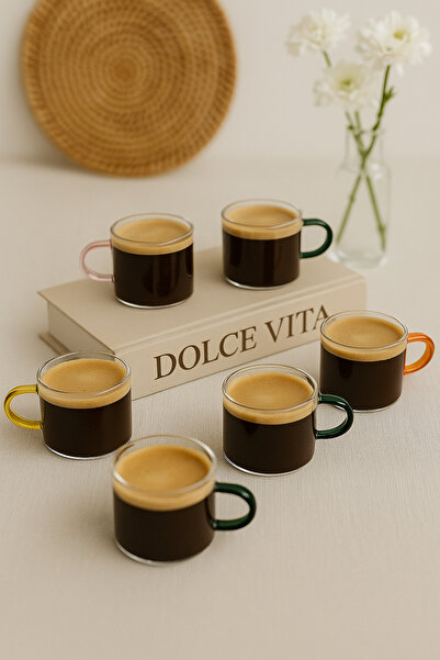 MİS KİTCHEN Colored Handled Glass Espresso Cup Set of 6 – Heat Resistant Transparent Coffee Cup 90 ml