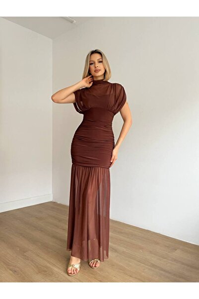 Miss Beyoğlu Kadın Tül Detaylı Abiye Elbise – Omuz Tül Detaylı , Uzun, Şık Gece & Davet Elbisesi – Yeni Sezon