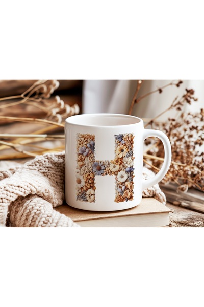 Beramussa كوب مزخرف بحرف H على شكل زهرة - كوب طبيعي مزين بالزهور مع حروف الأب...