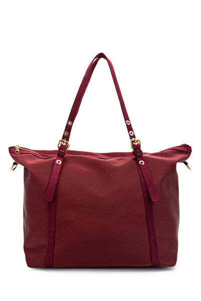 minebag Faux Leather Stripe Detailed Titus Handbag Claret Red