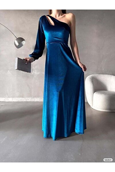 Modafeminen Velvet Stretch Fabric One Shoulder Detailed Evening Dress 582641 ...