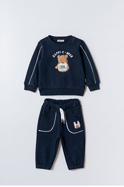 Magu Boys' Cotton Navy Blue Sweatshirt and Teddy Bear Embroidered Sweatpants Two-Piece Set