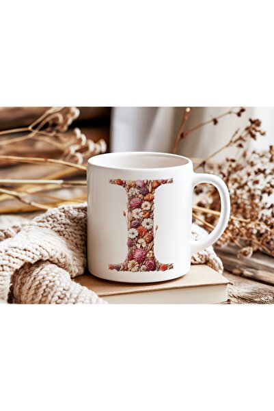 Beramussa كوب مزخرف بحرف I على شكل زهرة - كوب طبيعي مزين بأحرف الأبجدية - فكر...