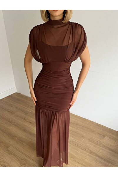 Miss Beyoğlu Kadın Tül Detaylı Abiye Elbise – Omuz Tül Detaylı , Uzun, Şık Gece & Davet Elbisesi – Yeni Sezon