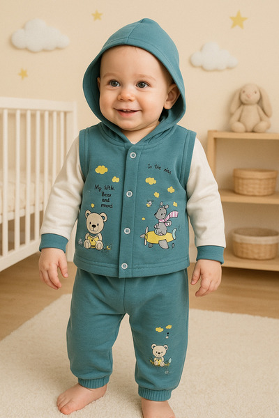 Uğur bebe 100% Cotton Petrol Blue Seasonal Hooded Vest 3-Piece Baby Set (Body + Bottom + Vest)