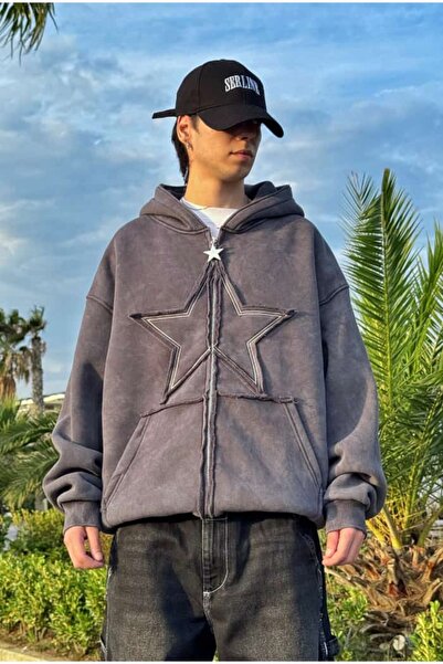 serline Premium Acid Wash Star Nakış Oversize Zip