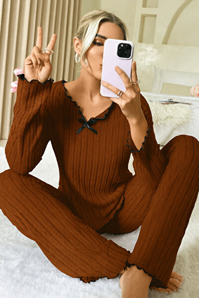 Biraltı Moda Дамски пижамен комплект с дълъг ръкав и панделка от памук