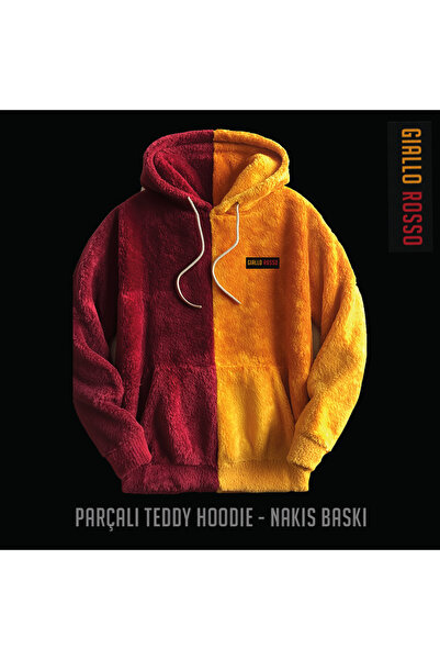 Giallo Rosso Parçalı Kapşonlu Teddy