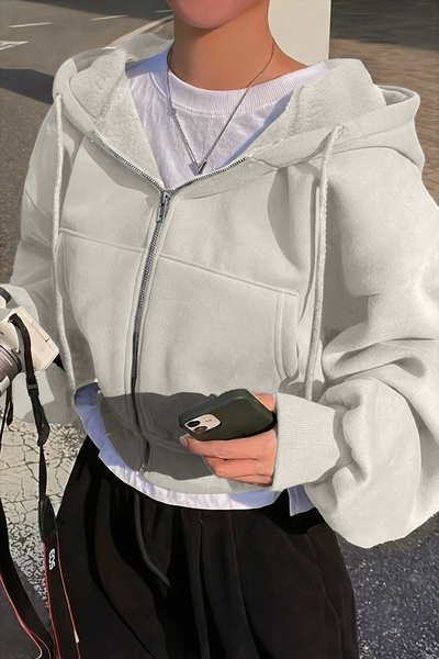 Vio Belle Kadın Pamuklu Crop Model Kanguru Cepli Kapüşonlu Crop Spor Sweatshirt