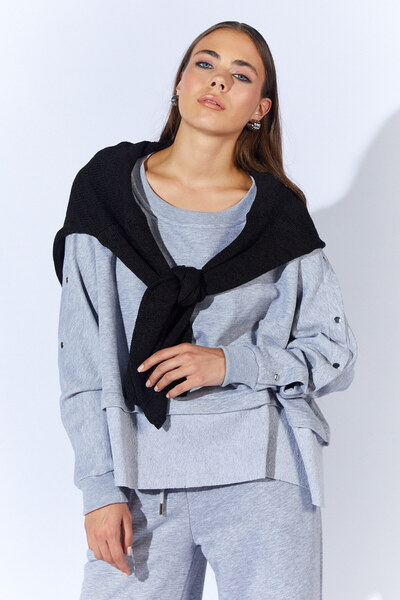 Manche Çİft Kat Görünümlü Kolları Çıtçıtlı Salaş Sweatshirt - Gri Melanj | MKW275504-01