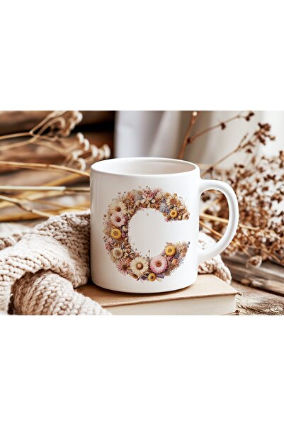 Beramussa Letter C Flower Pattern Mug - Natural Floral Mug with Alphabet Lett...