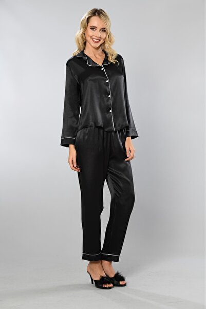 Viselya Λευκό με ρέλι Μαύρο Σατέν Σετ Πιτζάμες