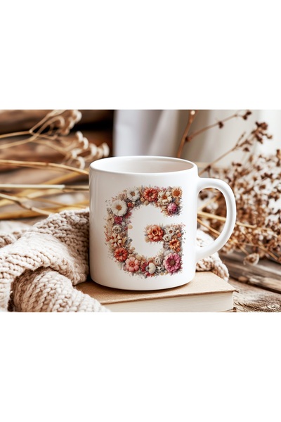 Beramussa G Harfi Çiçek Desenli Kupa Bardak - Alfabe Harfleri ile Doğal Çiçekli Kupa - Hediye Fikir