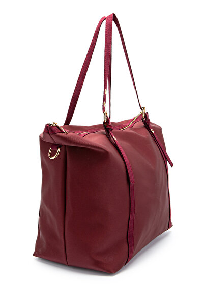 minebag Faux Leather Stripe Detailed Titus Handbag Claret Red