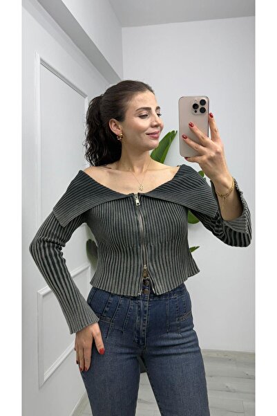 TUNAM BUTİK 60206 Faded Effect Sleeve Slit Detailed Zippered Cardigan Anthracite