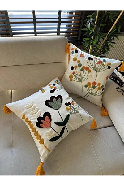 e-Bizz Store E-Bizz Home Cream Fabric Punch Embroidered 2 Pcs Throw Pillow Cover
