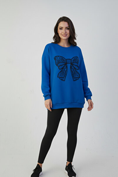 KOZİA OUTDOORS Γυναικείο φούτερ oversize με μαύρη δαντέλα και σχέδιο κορδέλας