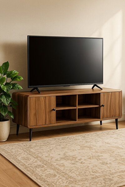 MARIA HOMES Modern Walnut TV Cabinet 163×40×54 cm Wooden Entertainment Unit with Open Shelves and Side Cabinets