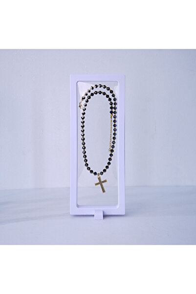 velve Unisex stainless steel necklace, Desire, rosary type, with cross pendant, Small crystals