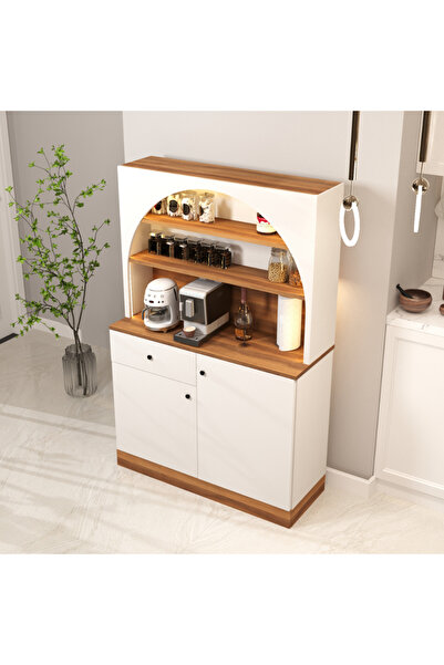 klubeconcept LED’li Modern Kahve Köşesi Dolabı Raflı ve Çekmeceli MDF Servis Ünitesi