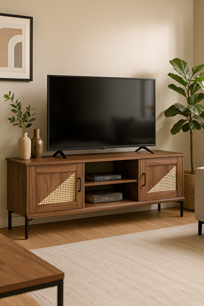 MARIA HOMES Modern Walnut TV Cabinet 160×39.5×56 cm Wooden Entertainment Unit with Rattan Design Doors