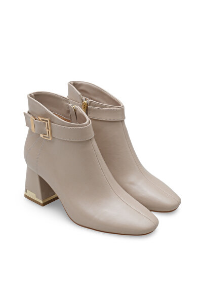 Women Lay-z Γυναικείες χειμερινές μπότες με τακούνι τετράγωνο μύτη μπεζ με ζάρωμα εφέ δέρματος χρυσή πόρπη με λεπτομέρεια τακούνι πάχους 6,5 εκ.