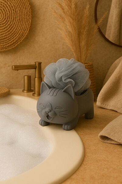 Findify Store Dekoratif Kedi Figürlü Sabunluk & Süngerlik Şık ve Sevimli Banyo, Mutfak Aksesuarı Çok Amaçlı