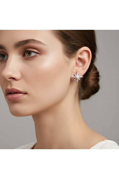 FESA Pırlanta Kesim Zirkon Taşlı İncili Kutup Yıldızı Küpe (Gümüş Rengi)