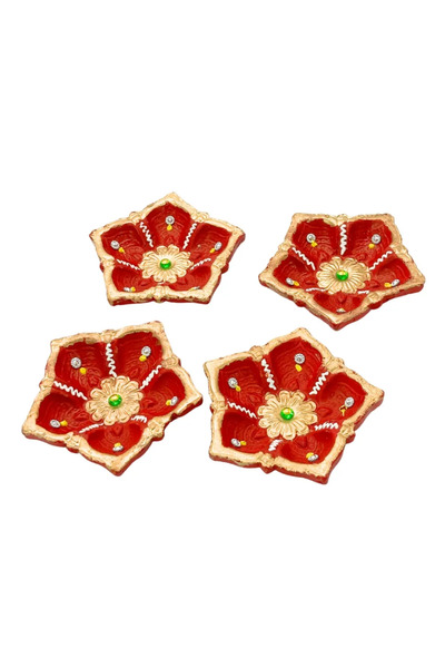 doneel Sheen Diwali Decorative Hand Painted Beautiful Red Clay Diya For Pooja And Diwali Decoration- 4pcs