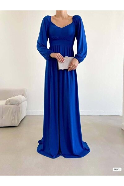 Modafeminen Sandy Stretchy Fabric Shoulder Front Gather Detailed Evening Dres...