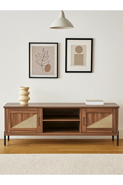 MARIA HOMES Modern Walnut TV Cabinet 160×39.5×56 cm Wooden Entertainment Unit with Rattan Design Doors