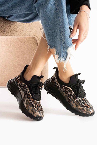 TubiBella Taş Detaylı Leopar Desenli Spor Kadın Ayakkabı