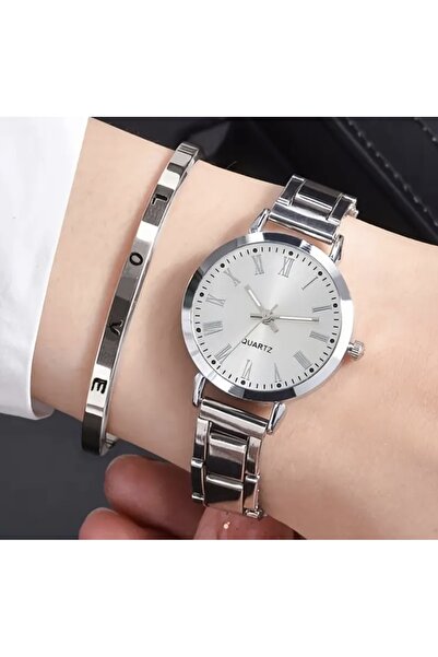 AYDA STORE Gümüş Renk Saat Love Kelepçe Set