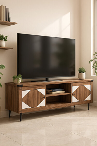 MARIA HOMES Modern Walnut TV Cabinet 160×39.5×55 cm Wooden Entertainment Unit with Geometric White Doors