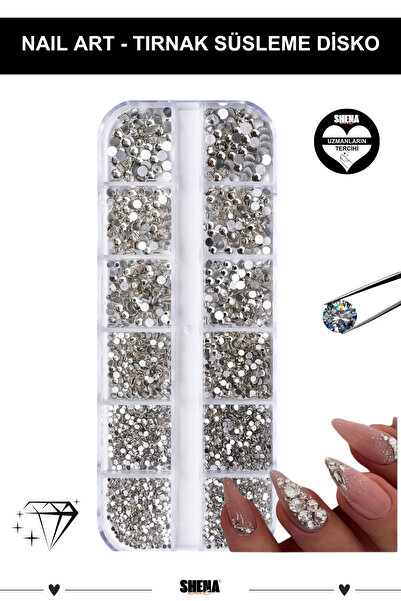 Shena Tırnak Süsleme Taşları 12li Disko Pırlanta Gümüş Nail Art Süs Parlak