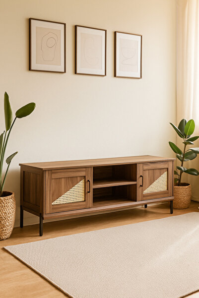 MARIA HOMES Modern Walnut TV Cabinet 160×39.5×56 cm Wooden Entertainment Unit with Rattan Design Doors