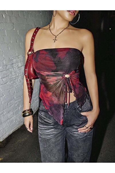 Bilian Women's Strapless Transparent Tulle Front Ring Ruched Detail Asymmetrical Crop Top