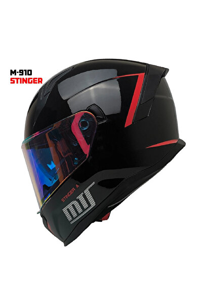 MTS M-910 STINGER GÜNEŞ VİZÖRLÜ SİYAH-FOSFORLU KIRMIZI KASK (IRIDIUM GOLD CAMLI)