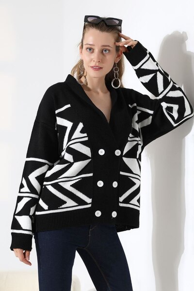 LADY HAZAL Black Midi Length Buttoned Soft Textured Striped Knitwear Hijab Cardigan