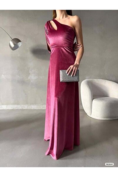 Modafeminen Velvet Stretch Fabric One Shoulder Detailed Evening Dress 582641 ...