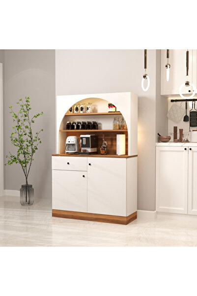 klubeconcept LED’li Modern Kahve Köşesi Dolabı Raflı ve Çekmeceli MDF Servis Ünitesi
