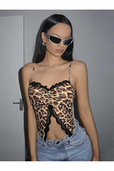 miyrem Women's Leopard Print Crop Top with Lace Detail on the Front 5095